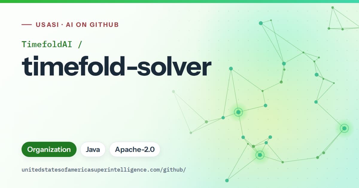 Generated green constellation network artwork for TimefoldAI/timefold-solver, labeled USASI · AI on GitHub, with Organization · Java · Apache-2.0.