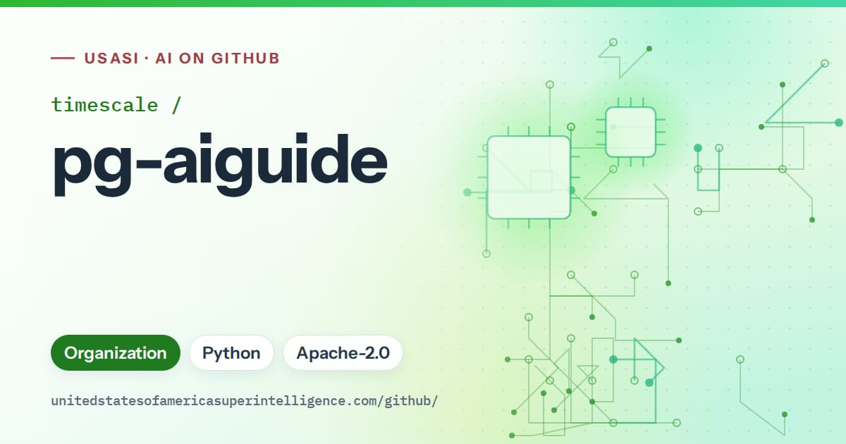 Generated green circuit-trace artwork for timescale/pg-aiguide, labeled USASI · AI on GitHub, with Organization · Python · Apache-2.0.
