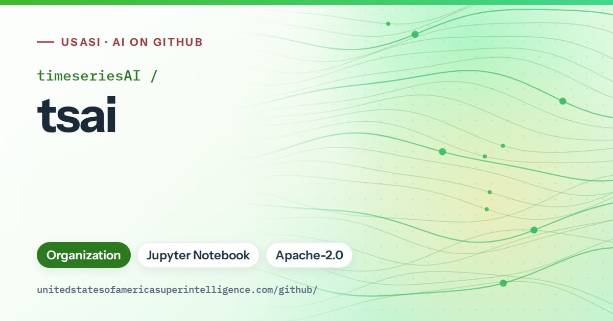 Generated green flowing-wave artwork for timeseriesAI/tsai, labeled USASI · AI on GitHub, with Organization · Jupyter Notebook · Apache-2.0.