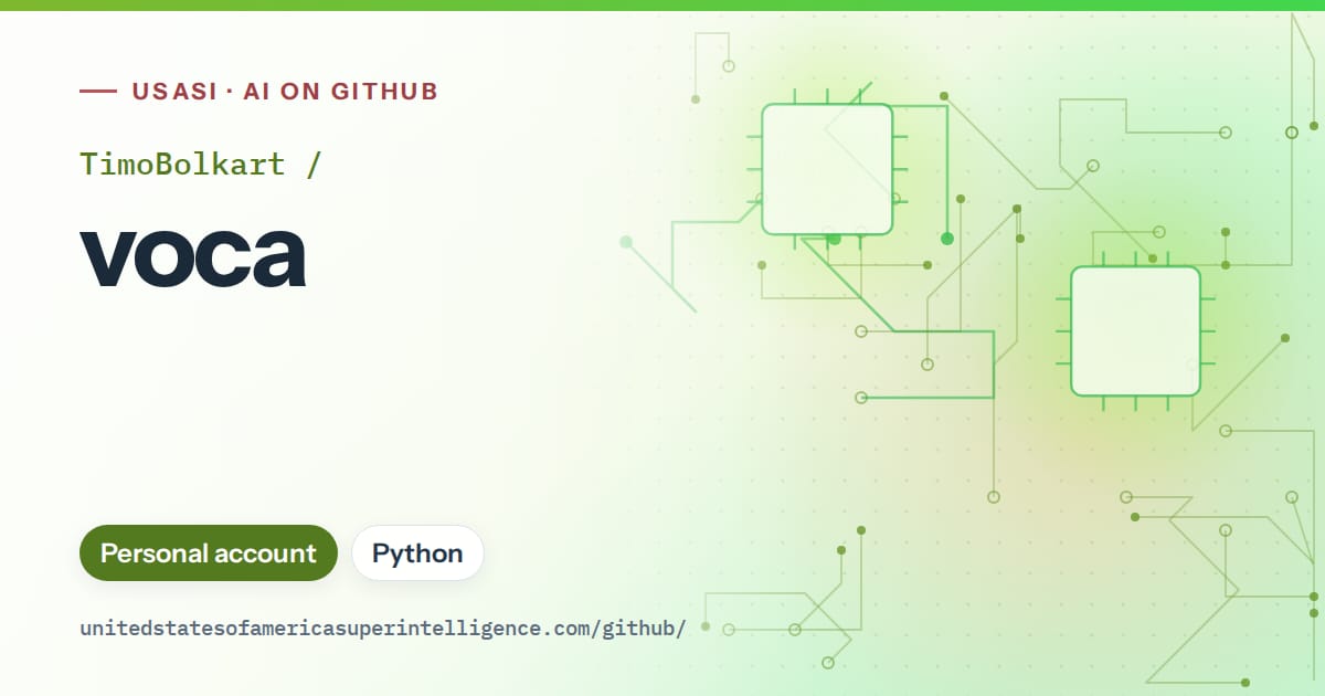 Generated green circuit-trace artwork for TimoBolkart/voca, labeled USASI · AI on GitHub, with Personal account · Python.