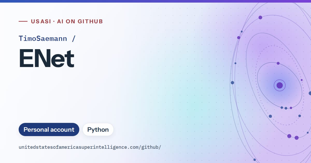 Generated blue orbit artwork for TimoSaemann/ENet, labeled USASI · AI on GitHub, with Personal account · Python.