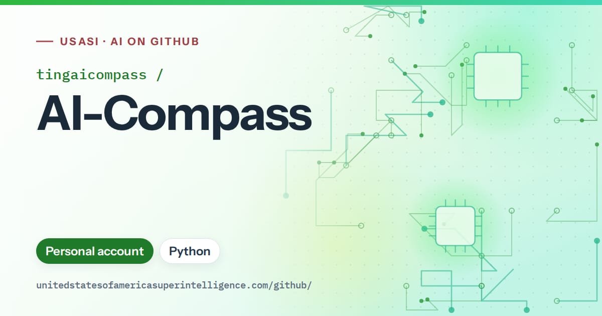 Generated green circuit-trace artwork for tingaicompass/AI-Compass, labeled USASI · AI on GitHub, with Personal account · Python.