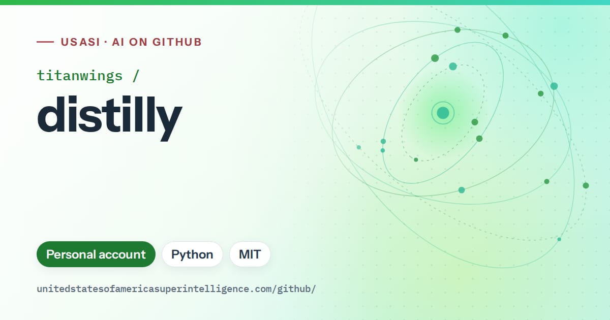 Generated green orbit artwork for titanwings/distilly, labeled USASI · AI on GitHub, with Personal account · Python · MIT.