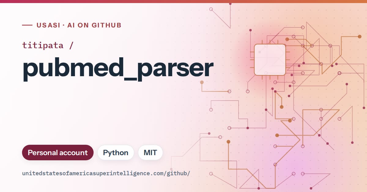 Generated pink circuit-trace artwork for titipata/pubmed_parser, labeled USASI · AI on GitHub, with Personal account · Python · MIT.