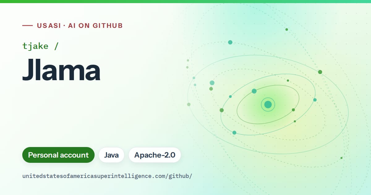 Generated green orbit artwork for tjake/Jlama, labeled USASI · AI on GitHub, with Personal account · Java · Apache-2.0.