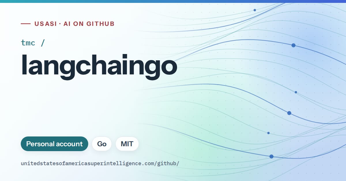 Generated teal flowing-wave artwork for tmc/langchaingo, labeled USASI · AI on GitHub, with Personal account · Go · MIT.