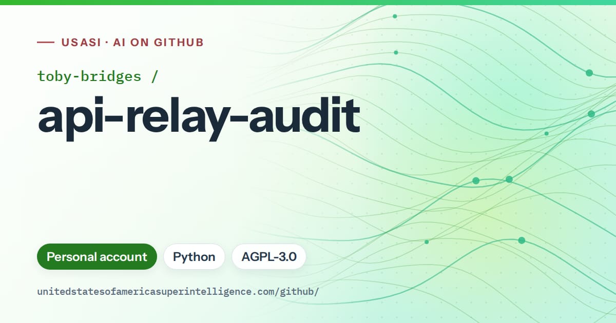Generated green flowing-wave artwork for toby-bridges/api-relay-audit, labeled USASI · AI on GitHub, with Personal account · Python · AGPL-3.0.