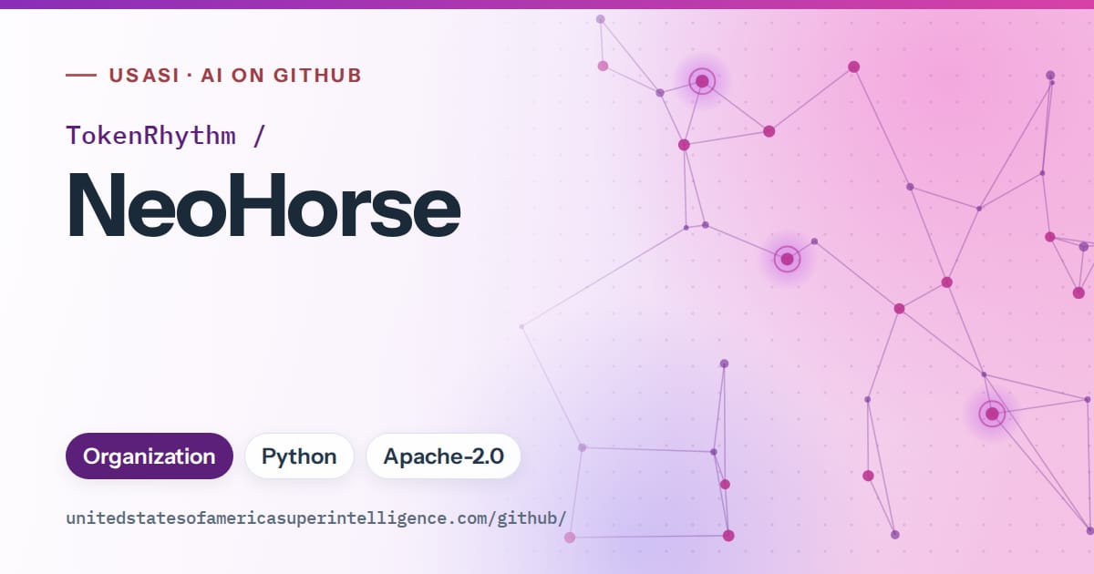 Generated violet constellation network artwork for TokenRhythm/NeoHorse, labeled USASI · AI on GitHub, with Organization · Python · Apache-2.0.