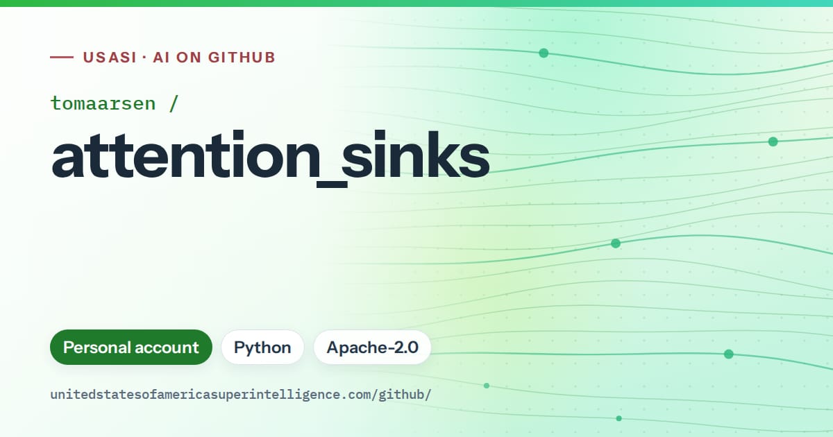 Generated green flowing-wave artwork for tomaarsen/attention_sinks, labeled USASI · AI on GitHub, with Personal account · Python · Apache-2.0.