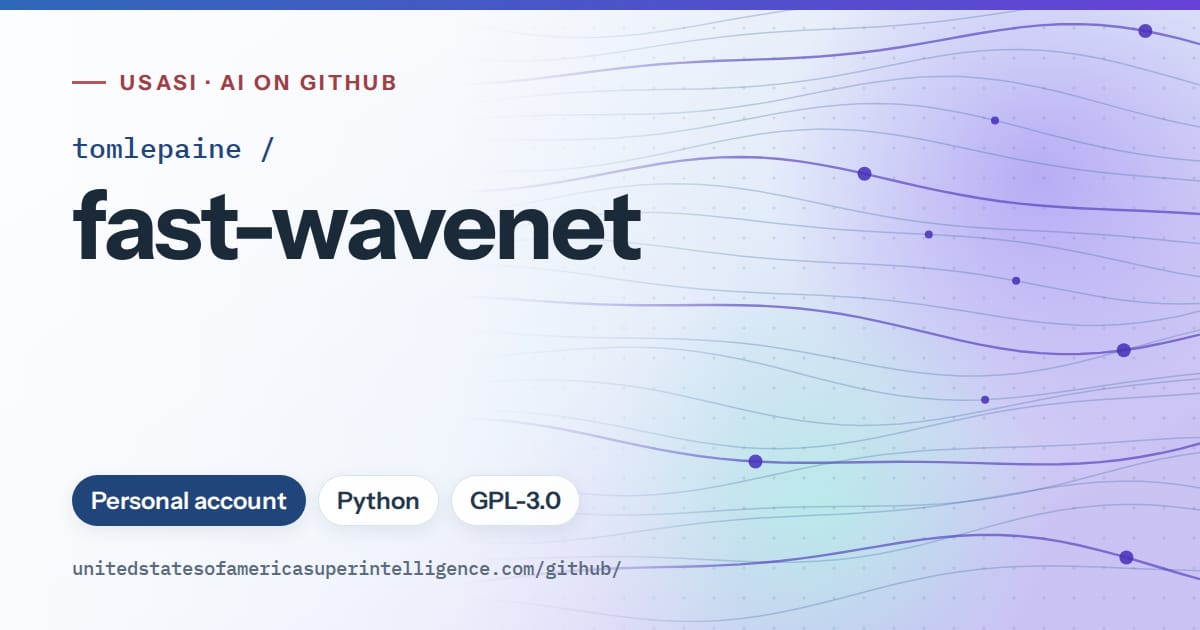 Generated blue flowing-wave artwork for tomlepaine/fast-wavenet, labeled USASI · AI on GitHub, with Personal account · Python · GPL-3.0.