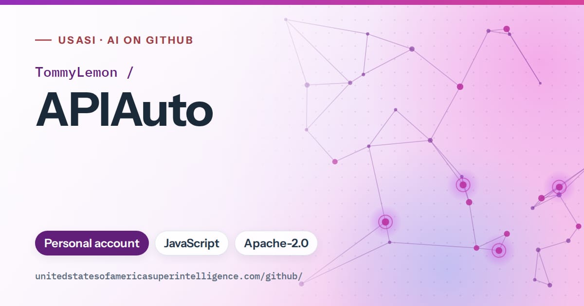 Generated violet constellation network artwork for TommyLemon/APIAuto, labeled USASI · AI on GitHub, with Personal account · JavaScript · Apache-2.0.