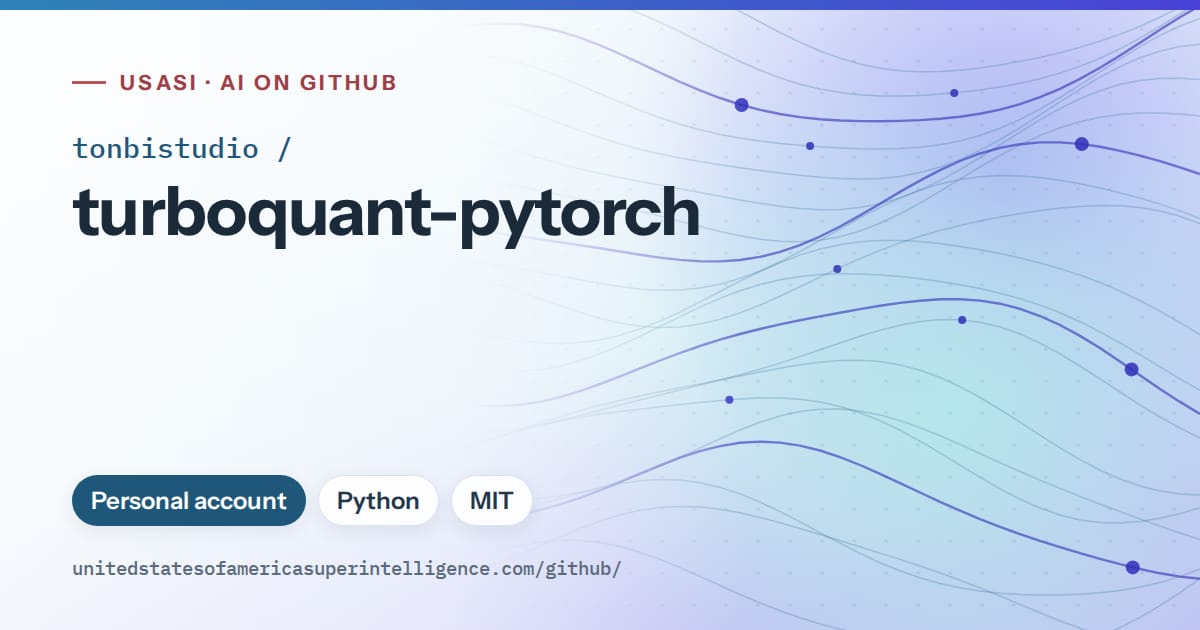 Generated sky blue flowing-wave artwork for tonbistudio/turboquant-pytorch, labeled USASI · AI on GitHub, with Personal account · Python · MIT.