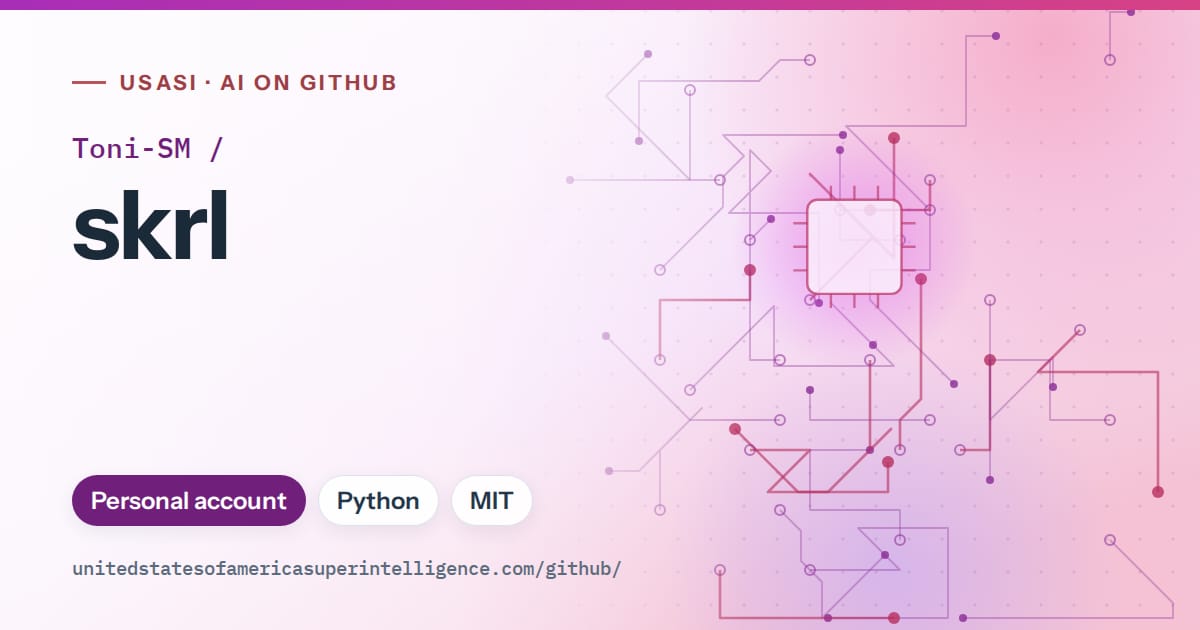 Generated purple circuit-trace artwork for Toni-SM/skrl, labeled USASI · AI on GitHub, with Personal account · Python · MIT.