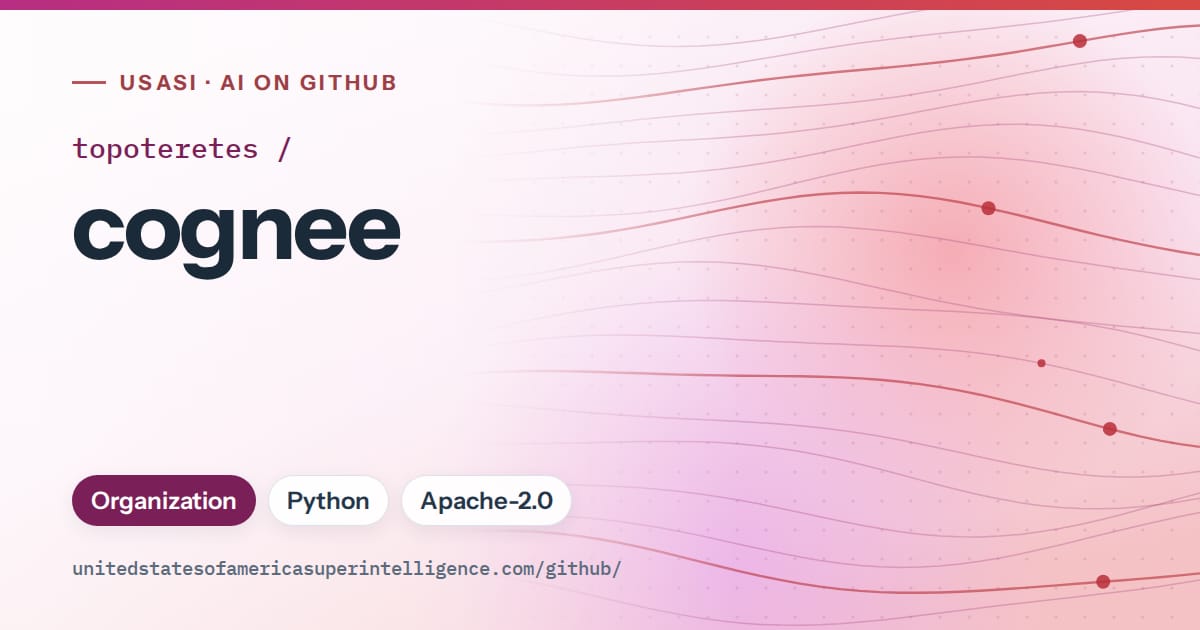 Generated pink flowing-wave artwork for topoteretes/cognee, labeled USASI · AI on GitHub, with Organization · Python · Apache-2.0.