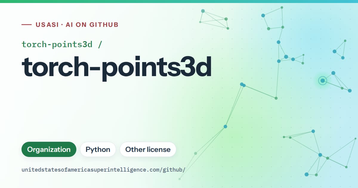 Generated green constellation network artwork for torch-points3d/torch-points3d, labeled USASI · AI on GitHub, with Organization · Python · Other license.