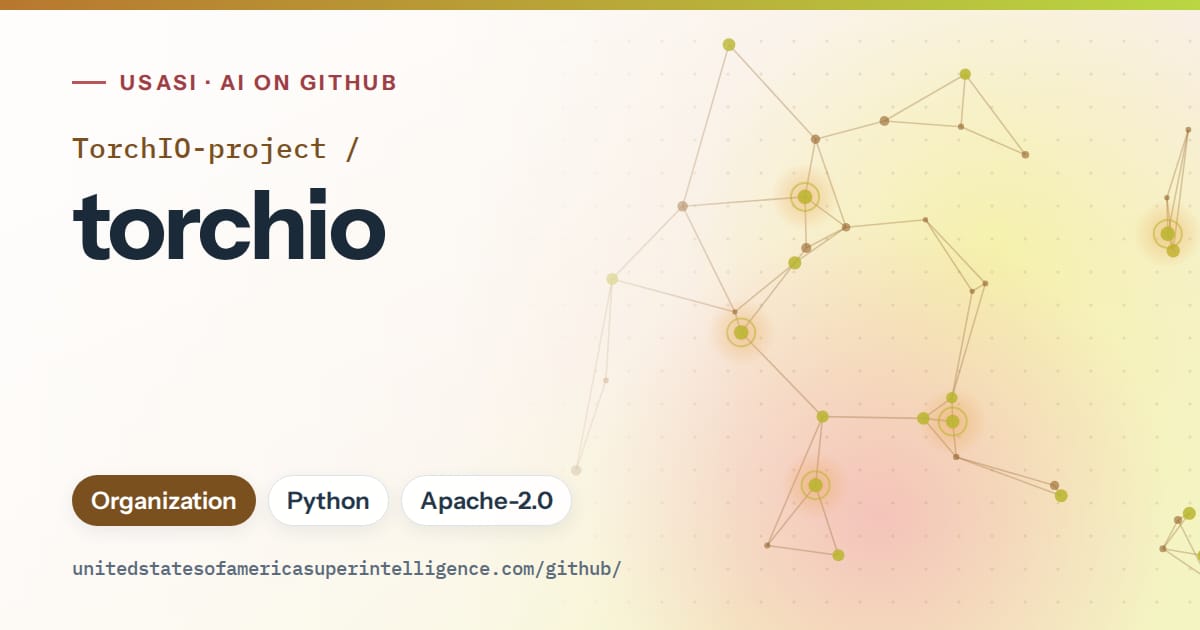 Generated orange constellation network artwork for TorchIO-project/torchio, labeled USASI · AI on GitHub, with Organization · Python · Apache-2.0.