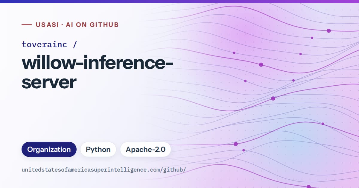 Generated blue flowing-wave artwork for toverainc/willow-inference-server, labeled USASI · AI on GitHub, with Organization · Python · Apache-2.0.