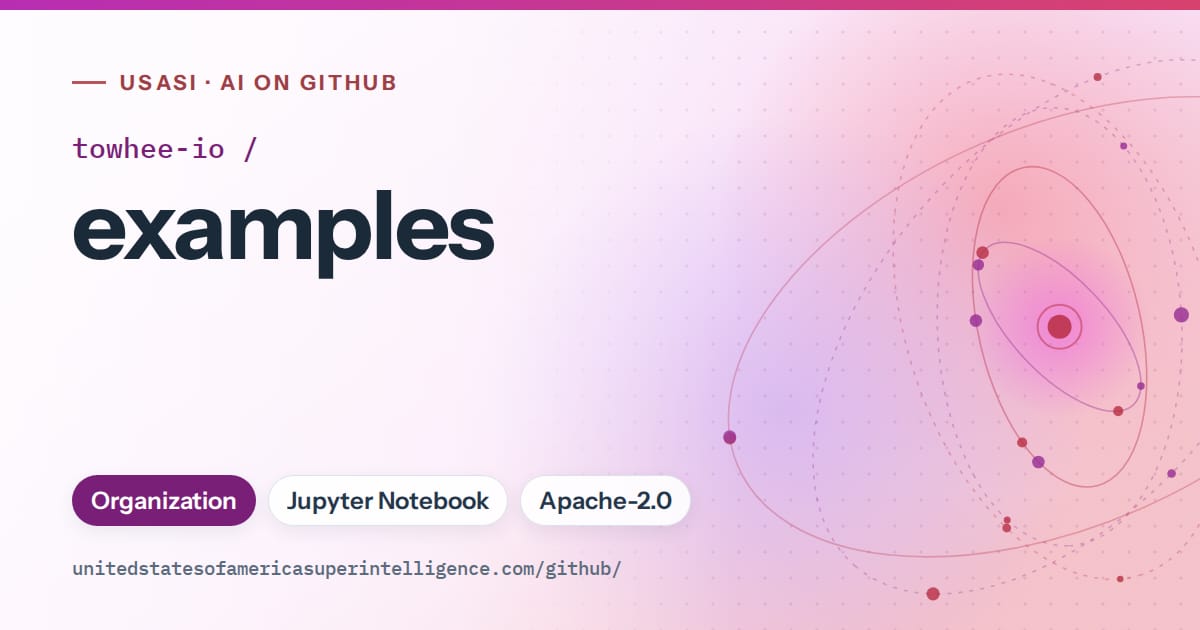 Generated purple orbit artwork for towhee-io/examples, labeled USASI · AI on GitHub, with Organization · Jupyter Notebook · Apache-2.0.