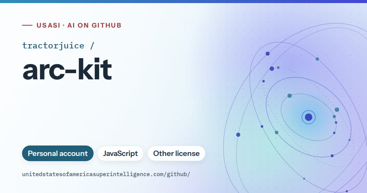 Generated sky blue orbit artwork for tractorjuice/arc-kit, labeled USASI · AI on GitHub, with Personal account · JavaScript · Other license.