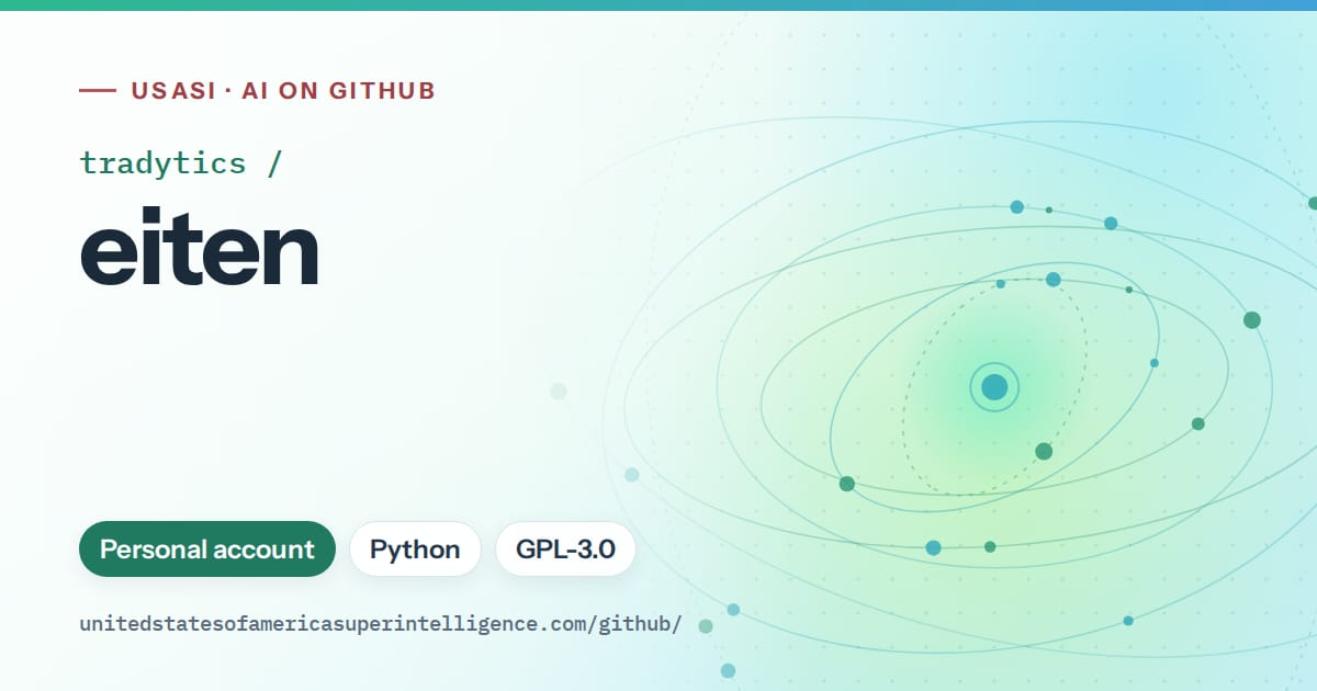 Generated teal orbit artwork for tradytics/eiten, labeled USASI · AI on GitHub, with Personal account · Python · GPL-3.0.