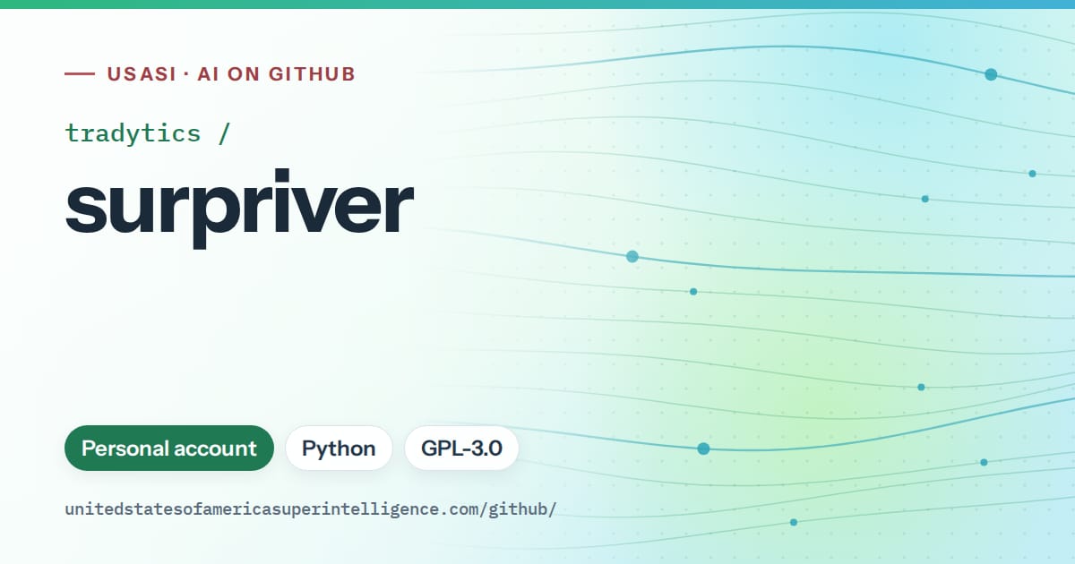 Generated teal flowing-wave artwork for tradytics/surpriver, labeled USASI · AI on GitHub, with Personal account · Python · GPL-3.0.