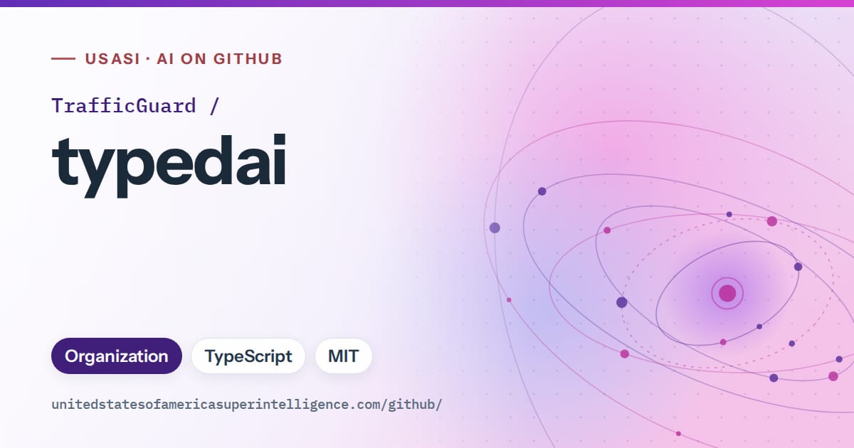 Generated violet orbit artwork for TrafficGuard/typedai, labeled USASI · AI on GitHub, with Organization · TypeScript · MIT.