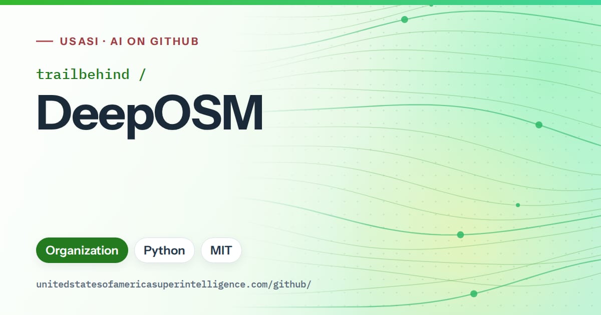 Generated green flowing-wave artwork for trailbehind/DeepOSM, labeled USASI · AI on GitHub, with Organization · Python · MIT.
