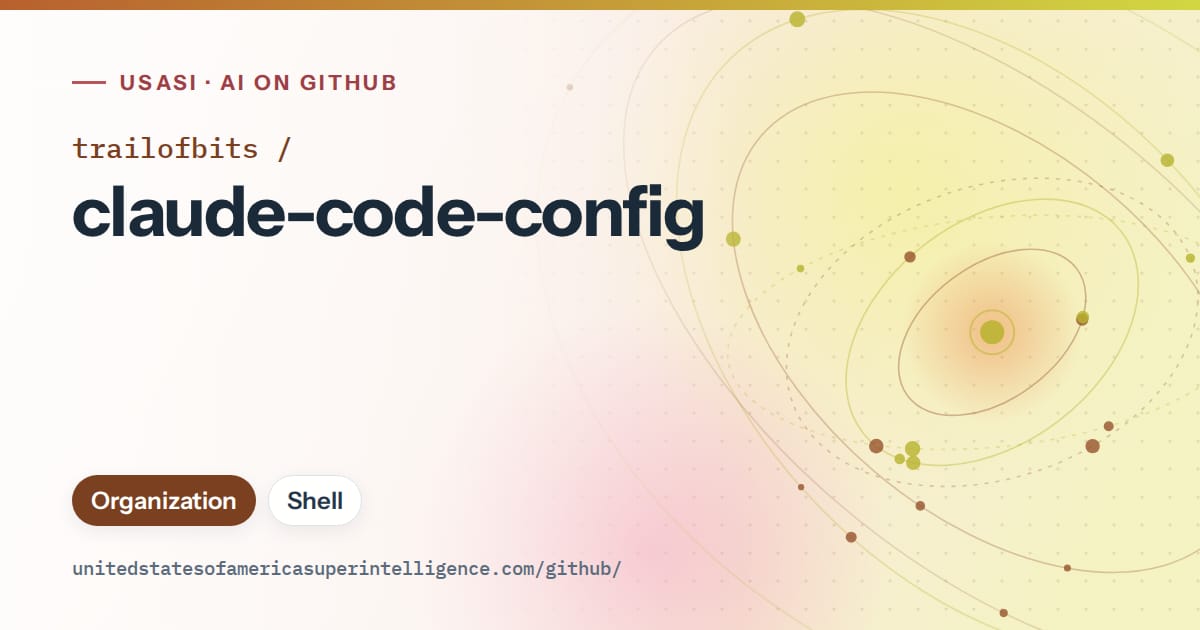Generated orange orbit artwork for trailofbits/claude-code-config, labeled USASI · AI on GitHub, with Organization · Shell.