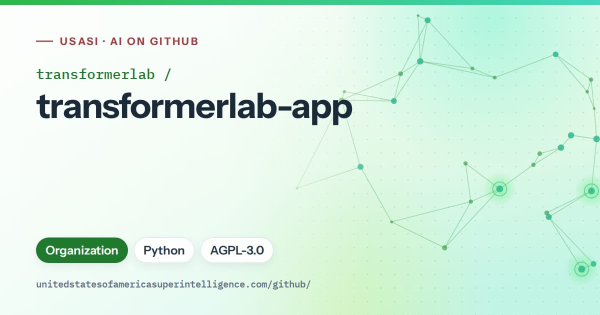 Generated green constellation network artwork for transformerlab/transformerlab-app, labeled USASI · AI on GitHub, with Organization · Python · AGPL-3.0.