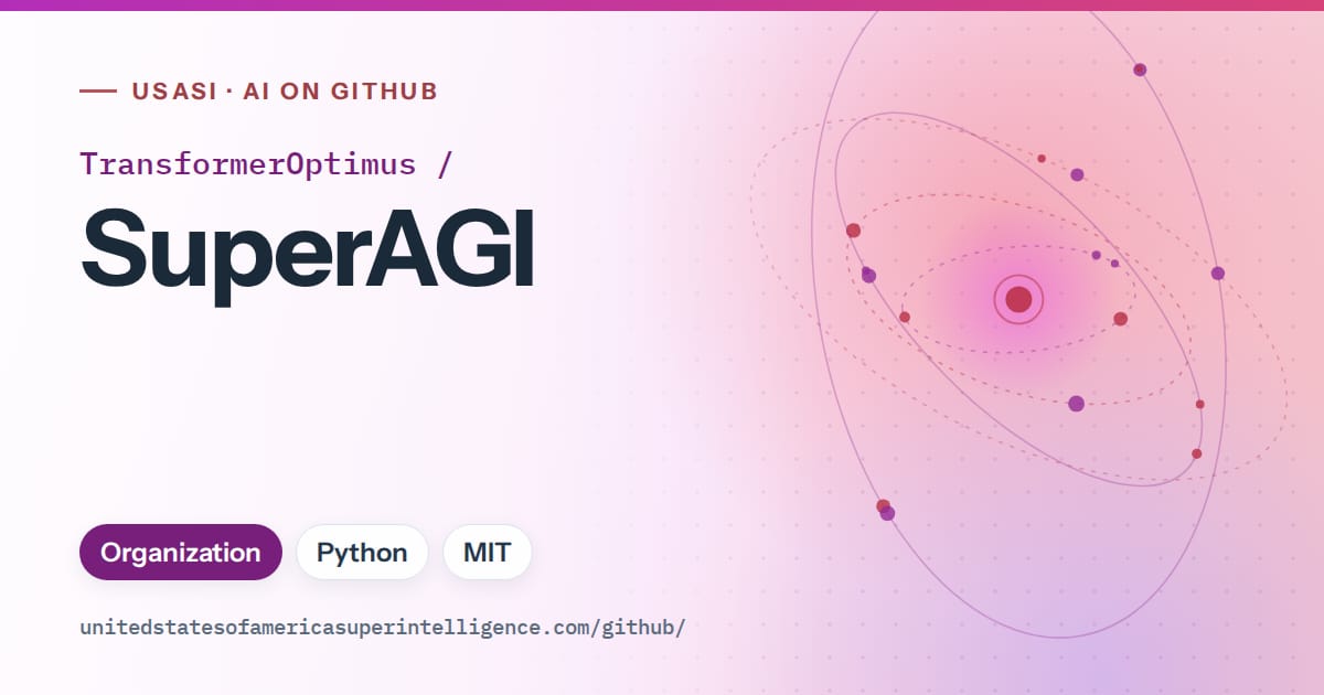 Generated purple orbit artwork for TransformerOptimus/SuperAGI, labeled USASI · AI on GitHub, with Organization · Python · MIT.