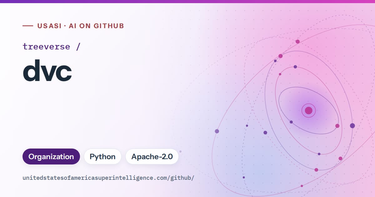 Generated violet orbit artwork for treeverse/dvc, labeled USASI · AI on GitHub, with Organization · Python · Apache-2.0.