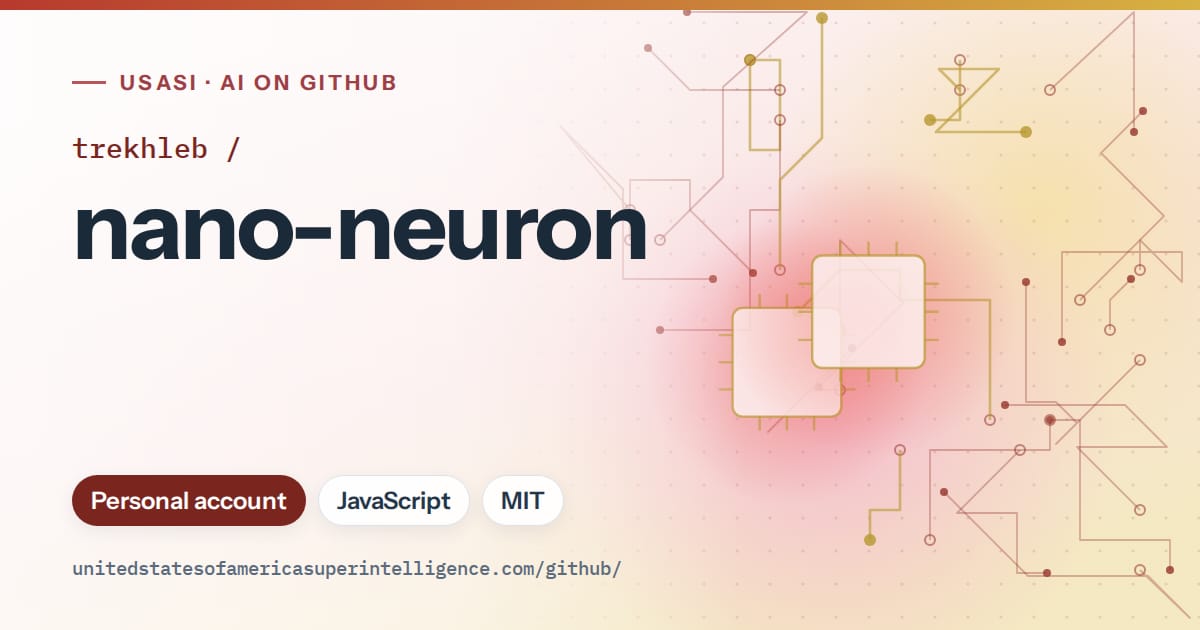 Generated red circuit-trace artwork for trekhleb/nano-neuron, labeled USASI · AI on GitHub, with Personal account · JavaScript · MIT.