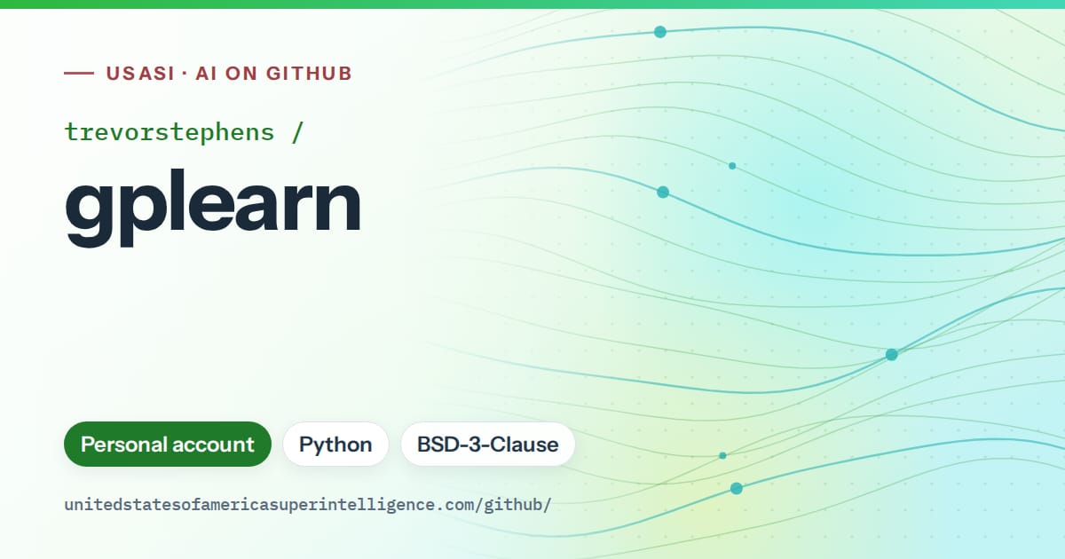 Generated green flowing-wave artwork for trevorstephens/gplearn, labeled USASI · AI on GitHub, with Personal account · Python · BSD-3-Clause.
