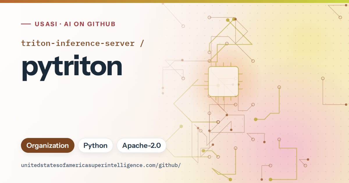 Generated orange circuit-trace artwork for triton-inference-server/pytriton, labeled USASI · AI on GitHub, with Organization · Python · Apache-2.0.