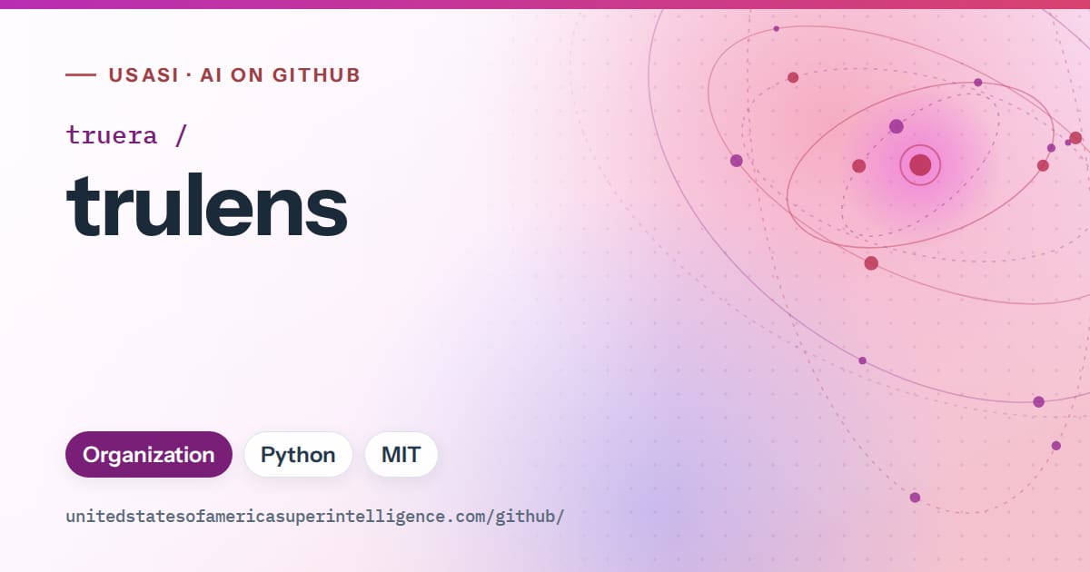 Generated purple orbit artwork for truera/trulens, labeled USASI · AI on GitHub, with Organization · Python · MIT.
