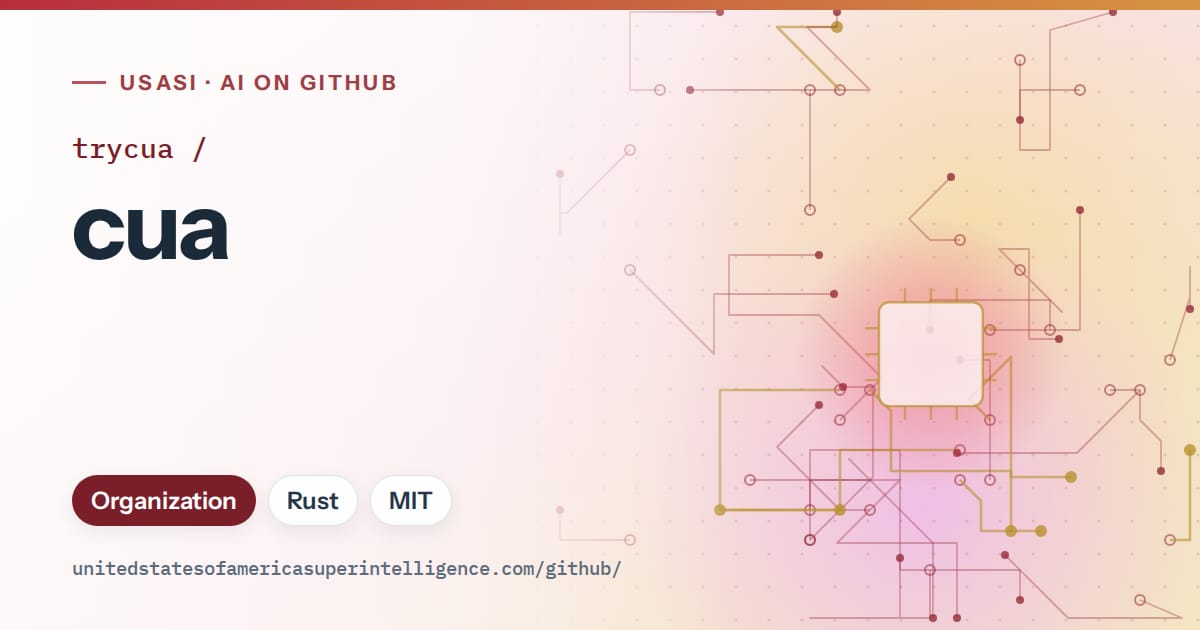 Generated red circuit-trace artwork for trycua/cua, labeled USASI · AI on GitHub, with Organization · Rust · MIT.