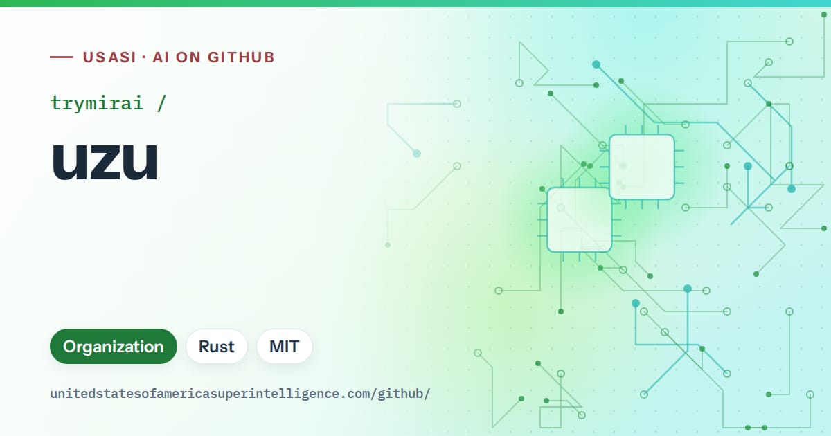 Generated green circuit-trace artwork for trymirai/uzu, labeled USASI · AI on GitHub, with Organization · Rust · MIT.
