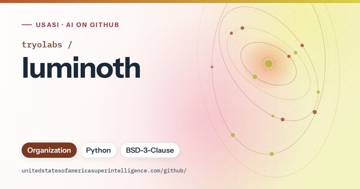 Generated orange orbit artwork for tryolabs/luminoth, labeled USASI · AI on GitHub, with Organization · Python · BSD-3-Clause.