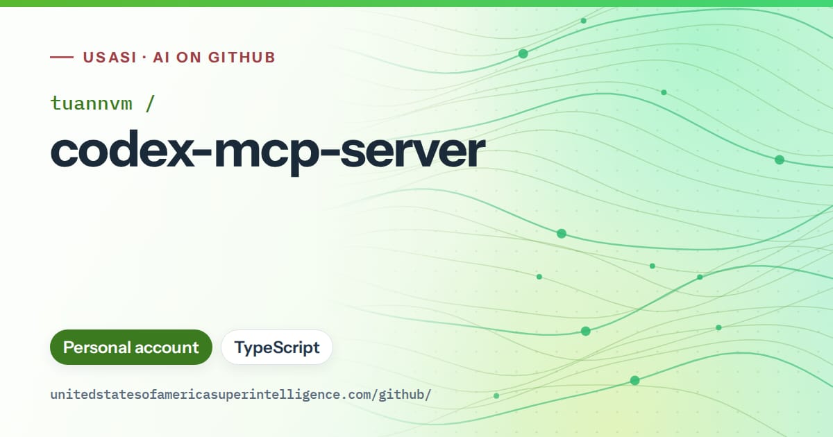 Generated green flowing-wave artwork for tuannvm/codex-mcp-server, labeled USASI · AI on GitHub, with Personal account · TypeScript.