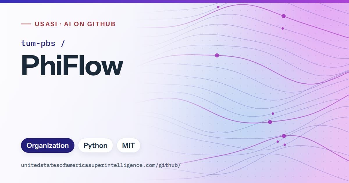 Generated blue flowing-wave artwork for tum-pbs/PhiFlow, labeled USASI · AI on GitHub, with Organization · Python · MIT.