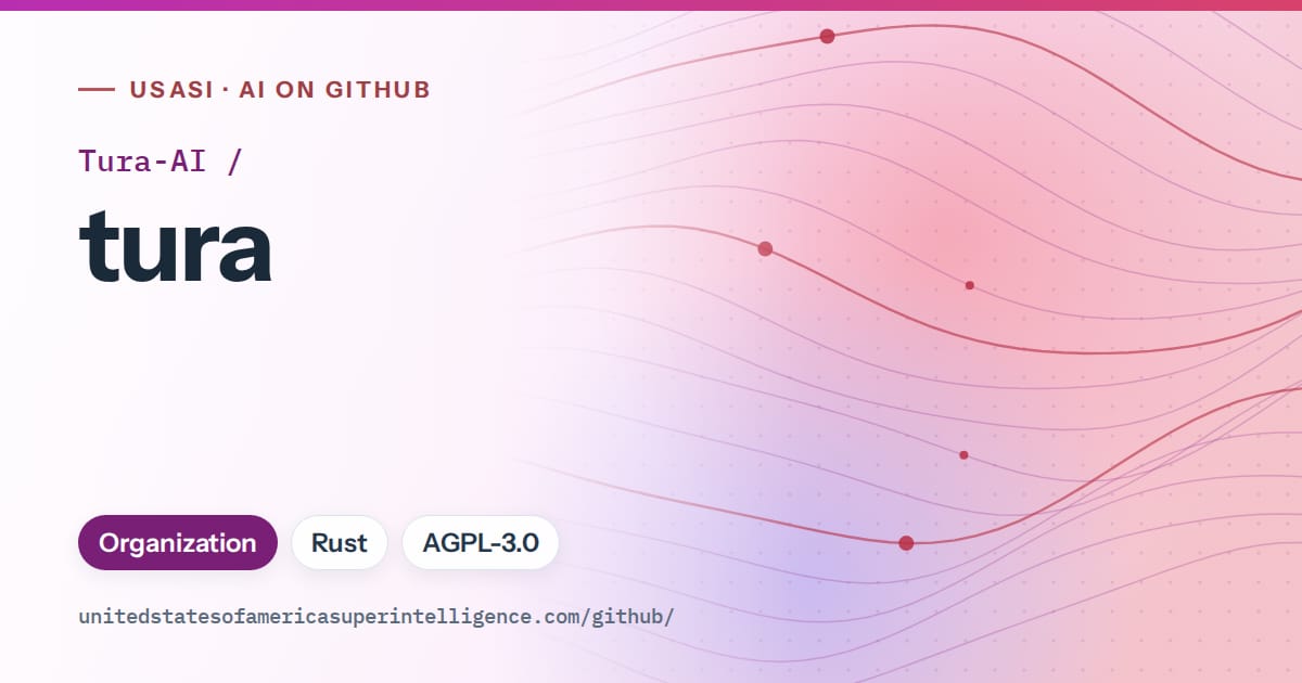 Generated purple flowing-wave artwork for Tura-AI/tura, labeled USASI · AI on GitHub, with Organization · Rust · AGPL-3.0.