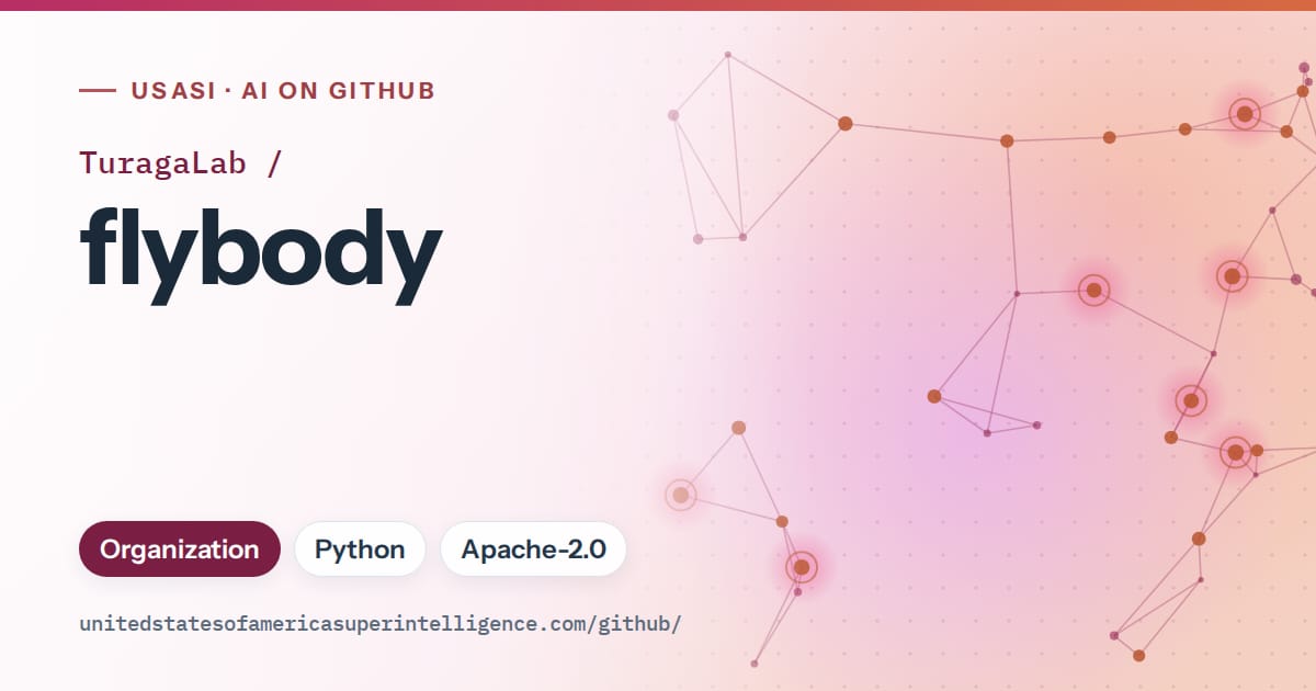Generated pink constellation network artwork for TuragaLab/flybody, labeled USASI · AI on GitHub, with Organization · Python · Apache-2.0.