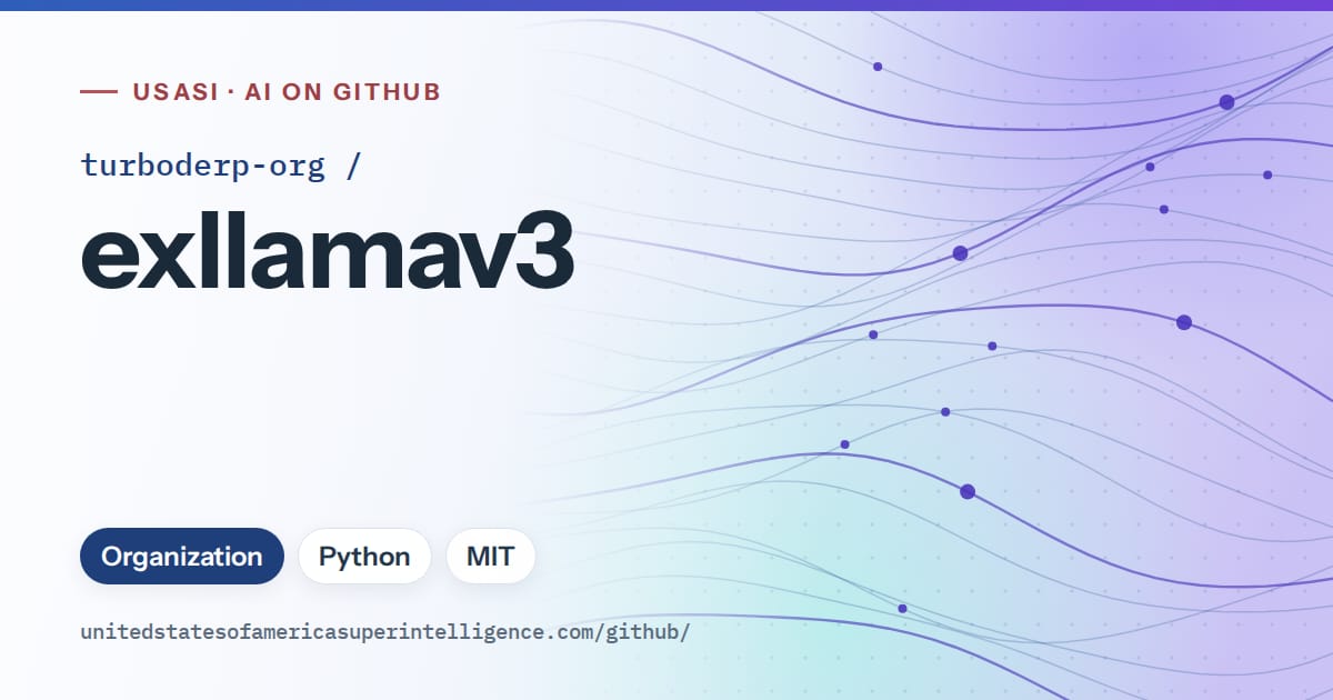 Generated blue flowing-wave artwork for turboderp-org/exllamav3, labeled USASI · AI on GitHub, with Organization · Python · MIT.