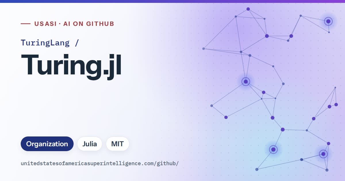 Generated blue constellation network artwork for TuringLang/Turing.jl, labeled USASI · AI on GitHub, with Organization · Julia · MIT.