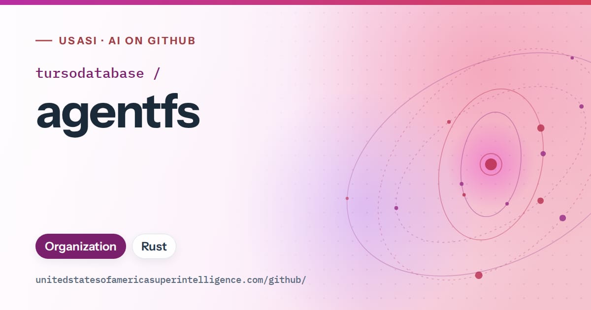 Generated purple orbit artwork for tursodatabase/agentfs, labeled USASI · AI on GitHub, with Organization · Rust.