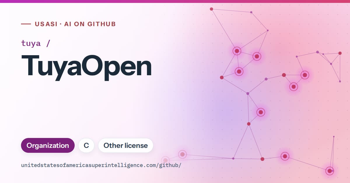 Generated purple constellation network artwork for tuya/TuyaOpen, labeled USASI · AI on GitHub, with Organization · C · Other license.