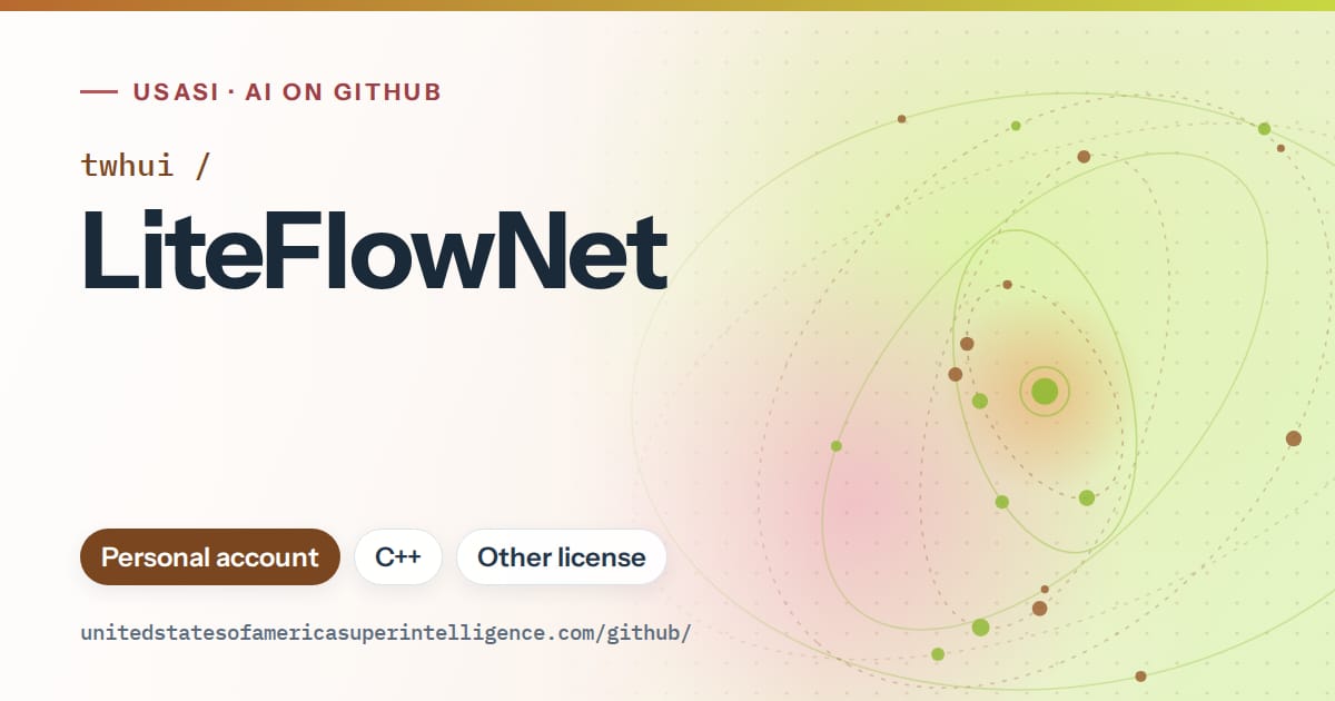 Generated orange orbit artwork for twhui/LiteFlowNet, labeled USASI · AI on GitHub, with Personal account · C++ · Other license.