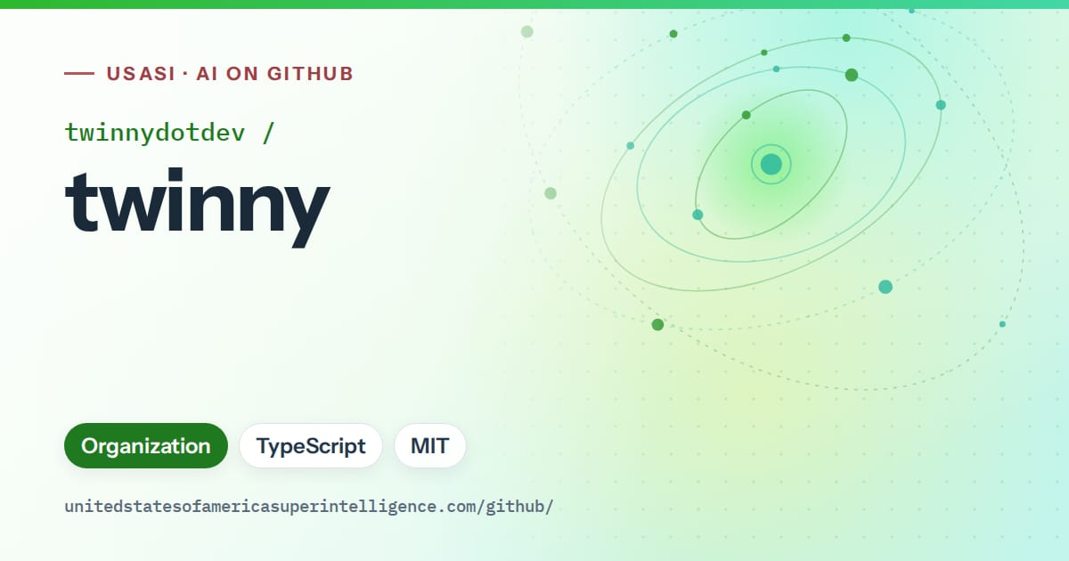 Generated green orbit artwork for twinnydotdev/twinny, labeled USASI · AI on GitHub, with Organization · TypeScript · MIT.