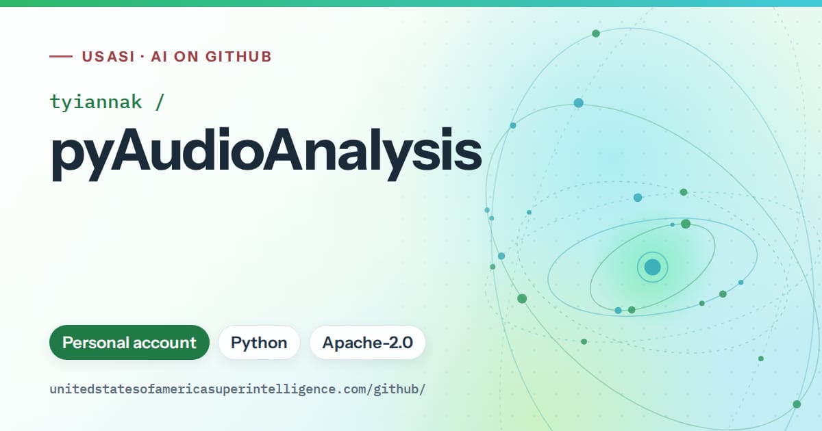 Generated green orbit artwork for tyiannak/pyAudioAnalysis, labeled USASI · AI on GitHub, with Personal account · Python · Apache-2.0.