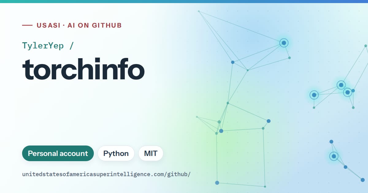 Generated teal constellation network artwork for TylerYep/torchinfo, labeled USASI · AI on GitHub, with Personal account · Python · MIT.